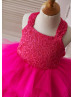 Hot Pink Lace Tulle Cross Back Knee Length Flower Girl Dress